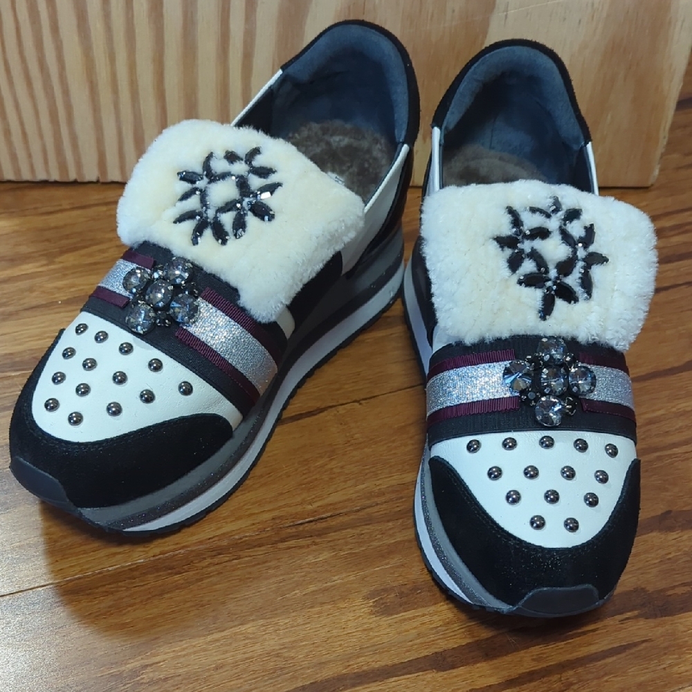 Regina Bottini Genuine Leather Faux Shearling Slip On Platform Sneaker Shoes